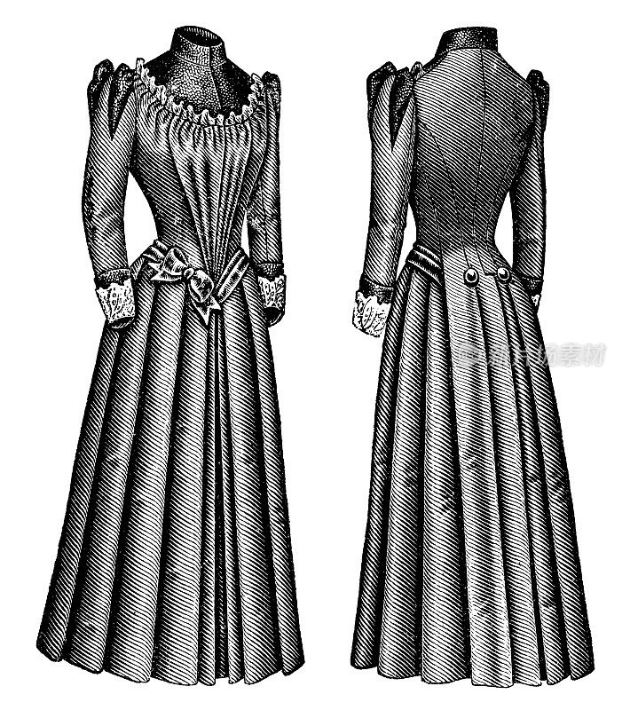 19世纪90年代维多利亚时代的时尚，女士褶裥散步连衣裙与褶皱巴斯克长尾紧身胸衣(正面和背面)- 19世纪